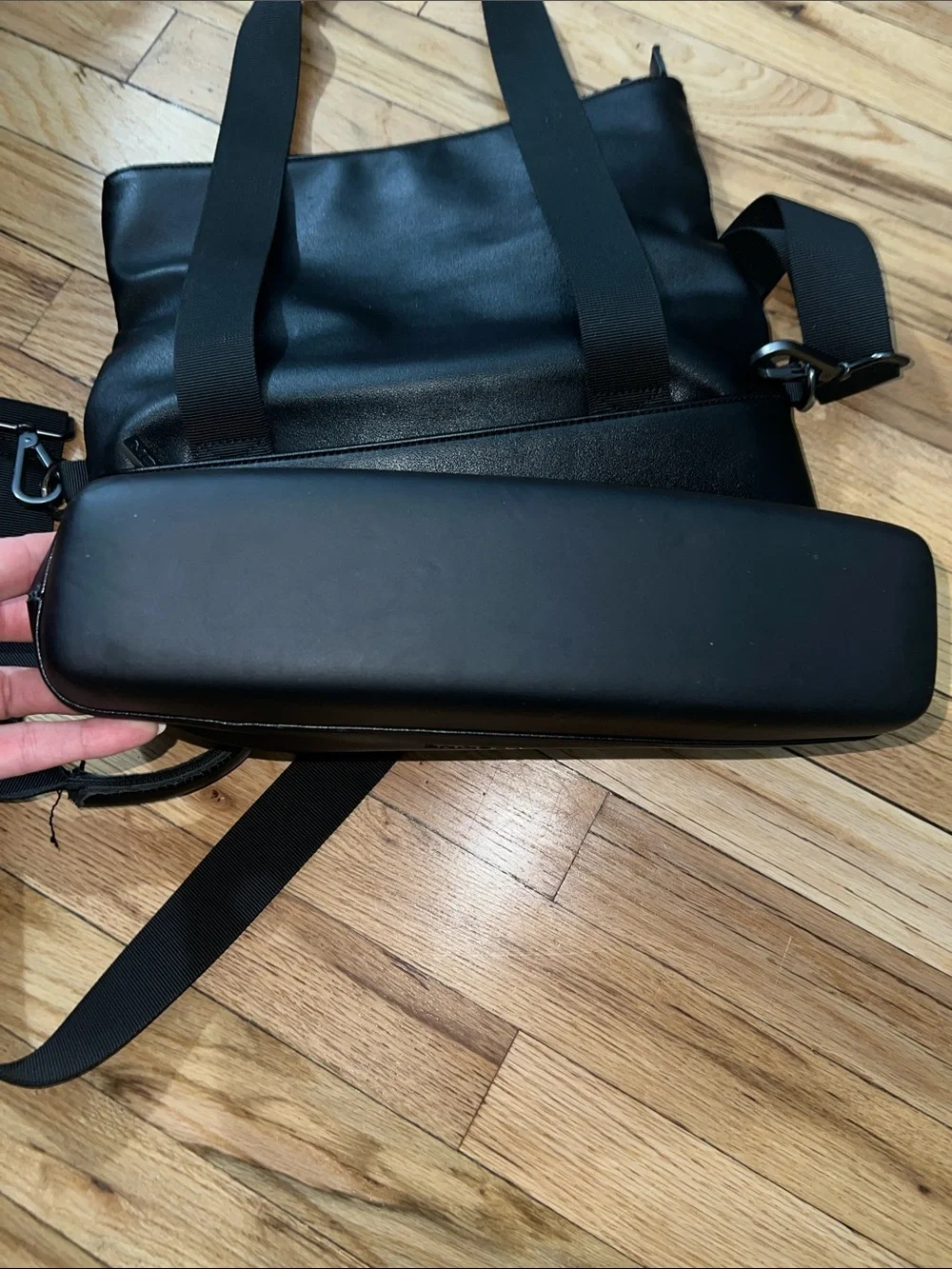 Moleskine Black Leather Messenger Tote with Detachable Strap